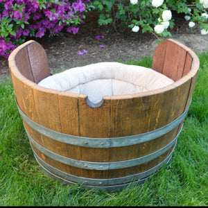Wine barrel dog bed with flowers