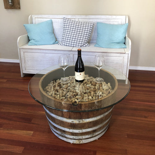 Wine barrel coffee table in living room 